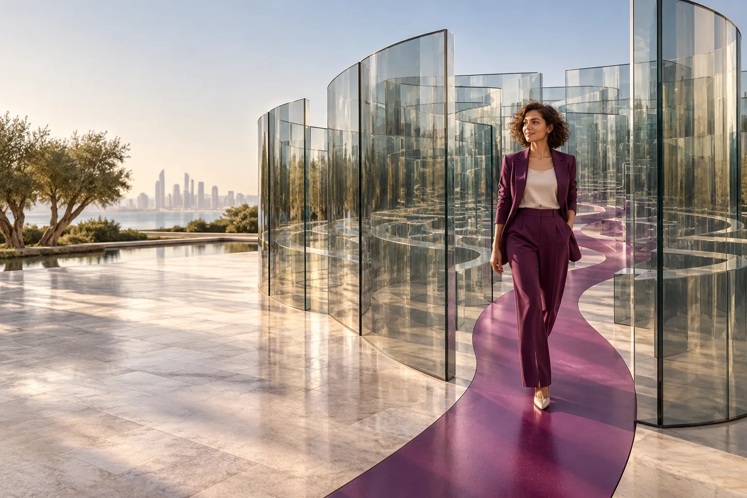 A woman with short curly brown hair steps smoothly through a wide opening in a sculptural glass maze in a sunlit courtyard, a single plum path removes unnecessary turns, relaxed confidence.
