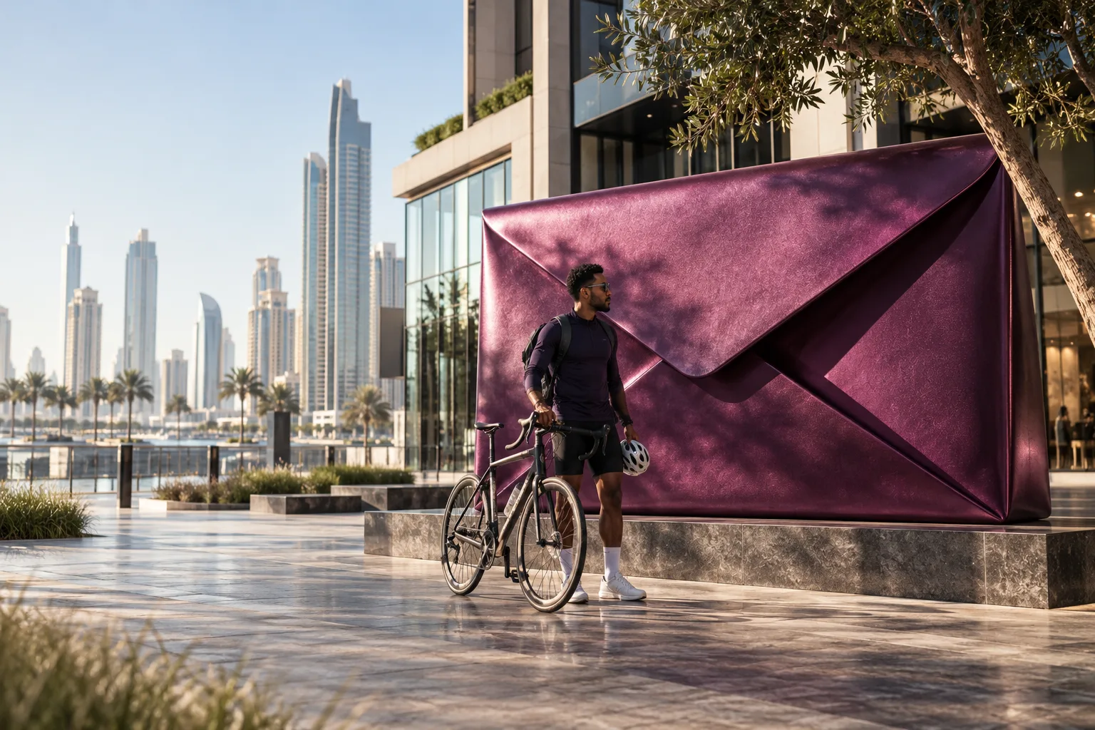 A Black cyclist stops beside an enormous sculptural plum envelope installation on a sunny city corner, real architecture and textured street, physical impact at human scale.