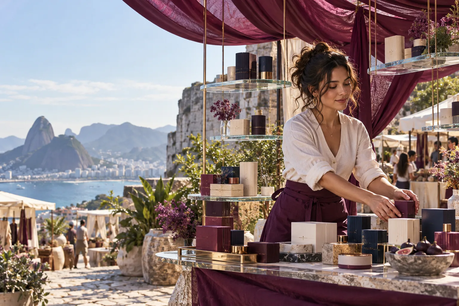 A Latin American maker arranges beautifully packaged unbranded products across an open-air boutique market stall, translucent glass shelves float at varied heights, plum textile canopy.