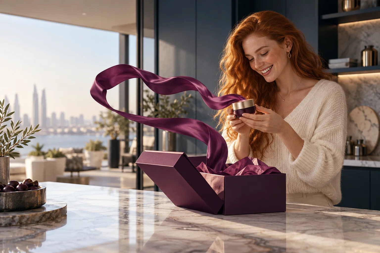 A red-haired European woman delightedly opens a beautifully designed unbranded parcel at a modern kitchen counter, a gentle flowing plum silk pathway connects box and small product, everyday purchase joy.