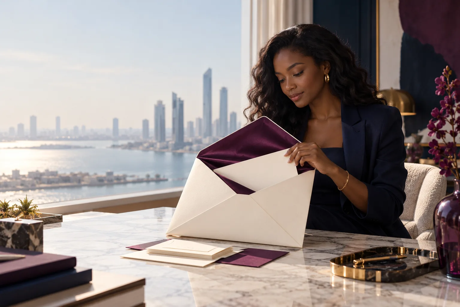 A Black woman seated at a bright window opens a sculptural oversized ivory envelope with a plum silk interior, carefully arranged blank correspondence becomes an intimate visual invitation.