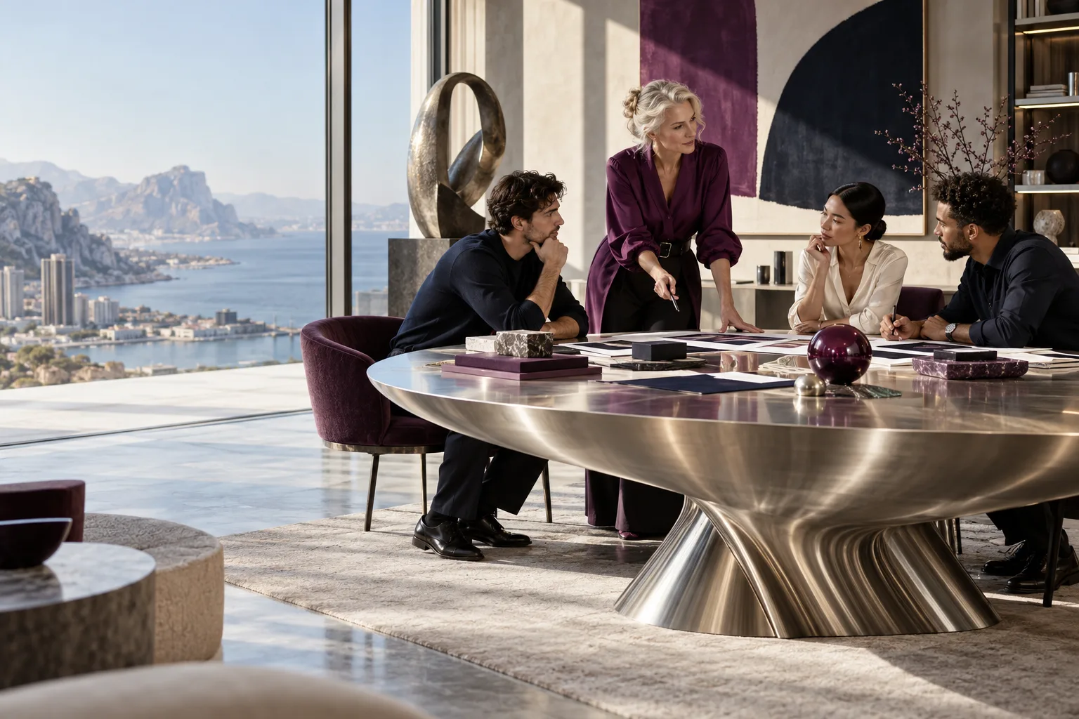 A silver-haired European woman stands directing a small diverse creative team around an extraordinary radial brushed metal table, papers and sculptural objects neatly coordinated, sunlit atelier.