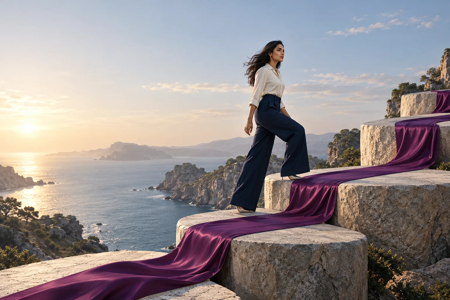 A South Asian woman in navy contemporary trousers steps purposefully across large ascending stone platforms in an open coastal landscape, a precise plum silk path connects the platforms.