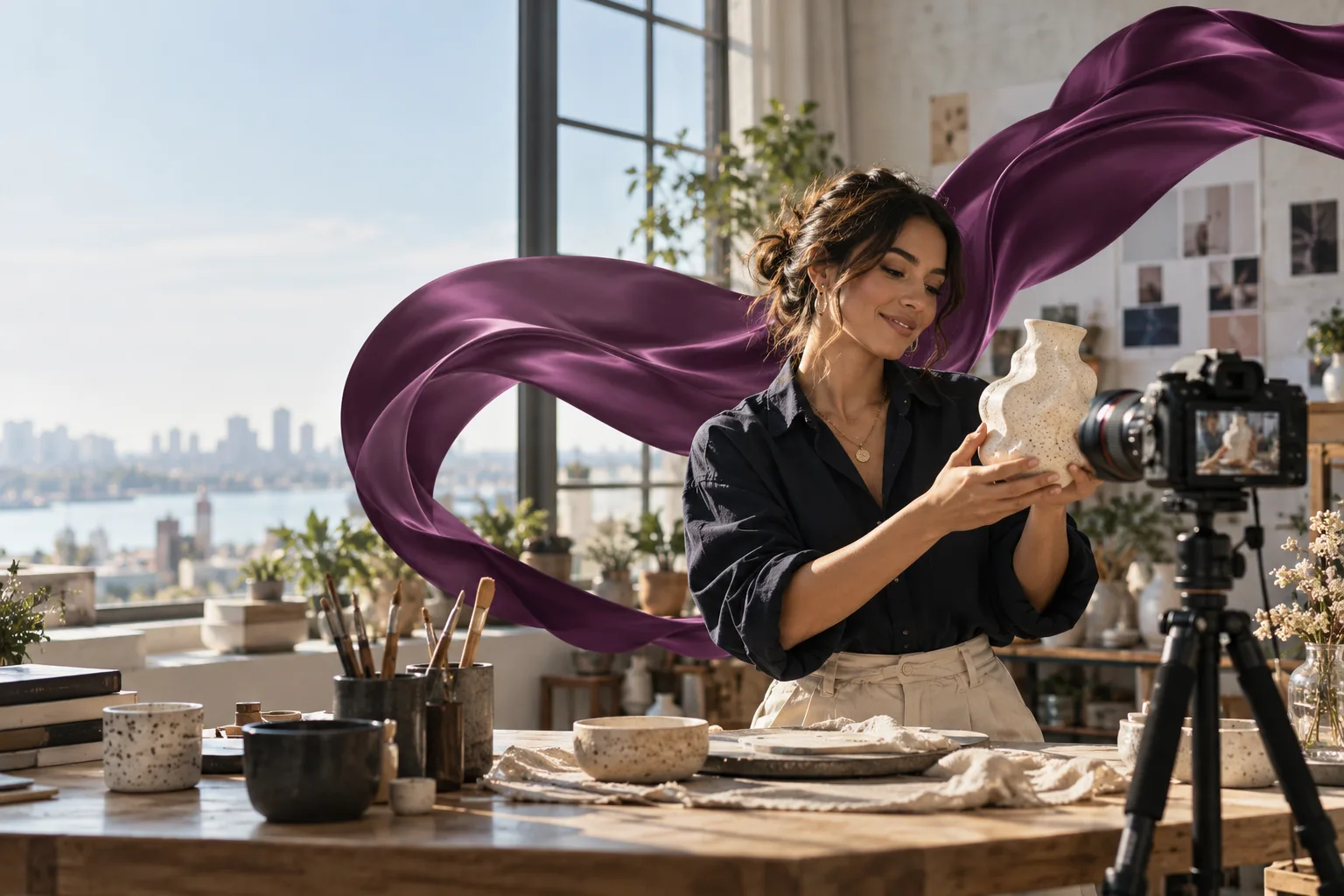 A Latina creator records a handcrafted ceramic object with a small camera in her airy real studio, a broad plum silk ribbon arcs elegantly behind her as an imaginative expression of amplification.