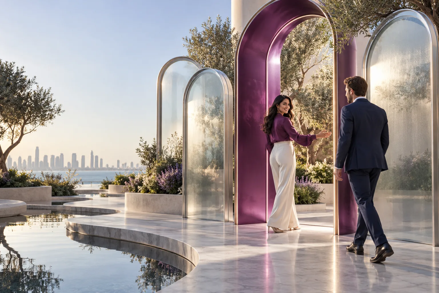 A South Asian woman warmly welcomes an interested European man through a single luminous plum arch among several frosted glass doorways, architectural garden, quality connection.