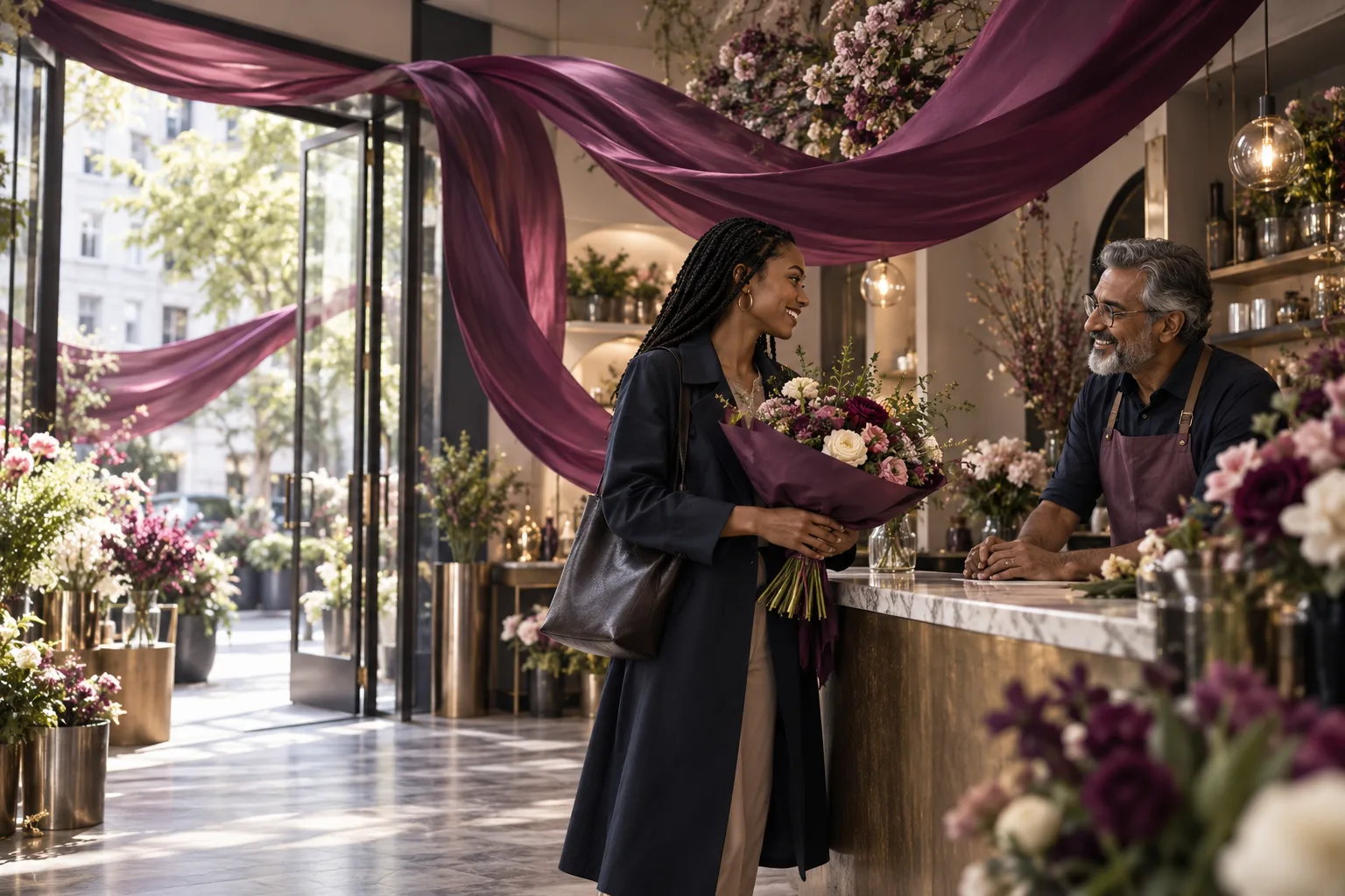 An older South Asian shopkeeper recognizes a returning young Black customer at a contemporary flower shop, elegant looping plum silk canopy links entrance and counter, warm relationship moment.