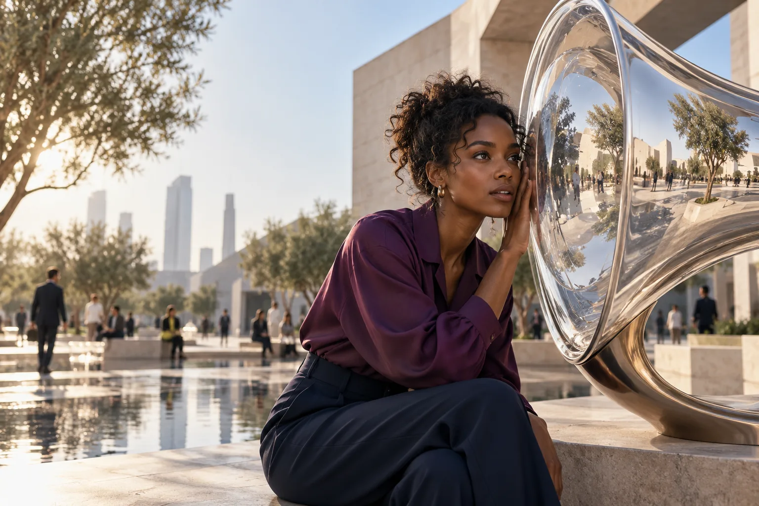 A Black female researcher listens carefully through a beautiful transparent acoustic lens in a sunlit public courtyard, small unrelated human silhouettes at different depths reflected in curved glass, discovery through listening.