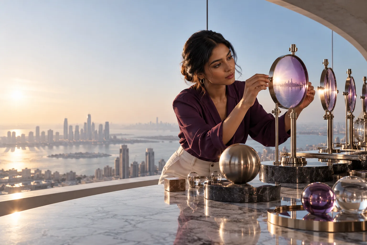 A South Asian female analyst in a sunlit observatory aligns precision transparent lenses and balanced metal measuring instruments, reflected plum light reveals one clear focal point, no charts or screens.