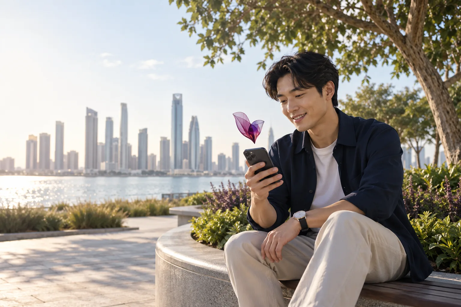 A young East Asian man in a sunny park receives a phone notification and smiles, a small translucent plum folded shape hovers near his hand as a subtle conversational cue, natural human moment.