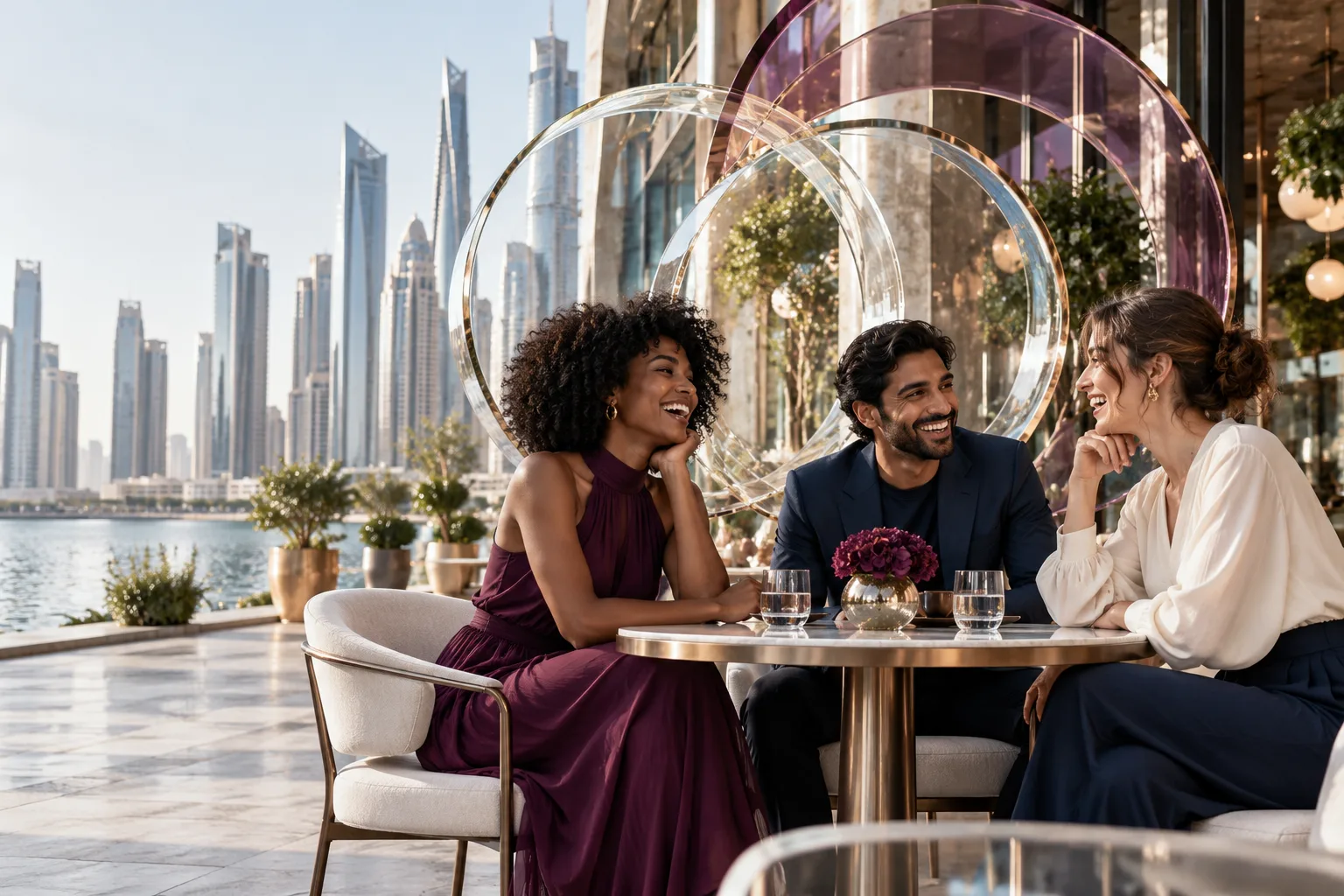 Three friends of African, South Asian and European heritage sharing a lively laugh at a sculptural sidewalk cafe table, delicate transparent circular forms echo their conversation, candid urban daylight.