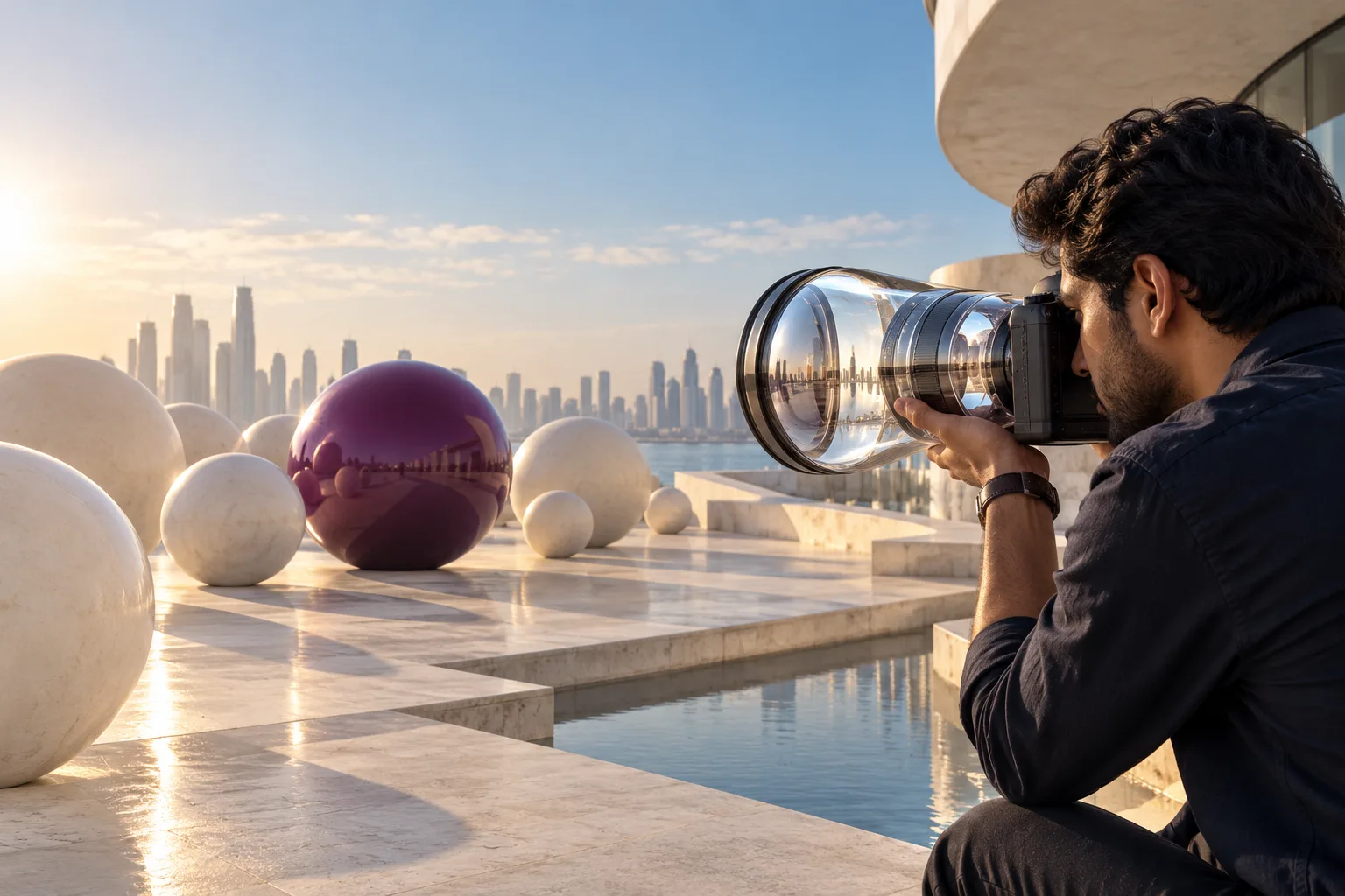 A South Asian male photographer aims a large transparent lens across an elegant outdoor plaza toward one plum object among ivory objects, intent and precision, low afternoon sunlight.