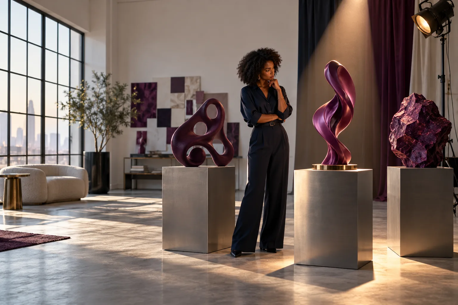 A Black female art director in a real photographic studio compares three dramatically different sculptural plum objects on pedestals, one illuminated with precise warm spotlight, creative testing.