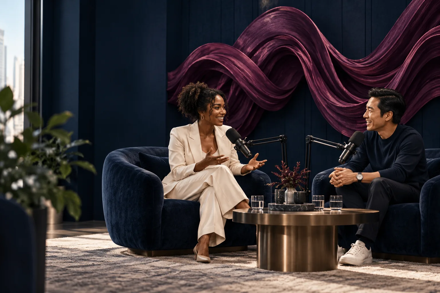 A Black female host and East Asian male guest in an inviting navy acoustic recording room share an animated conversation into professional microphones, sculptural plum sound waves made from fabric behind.