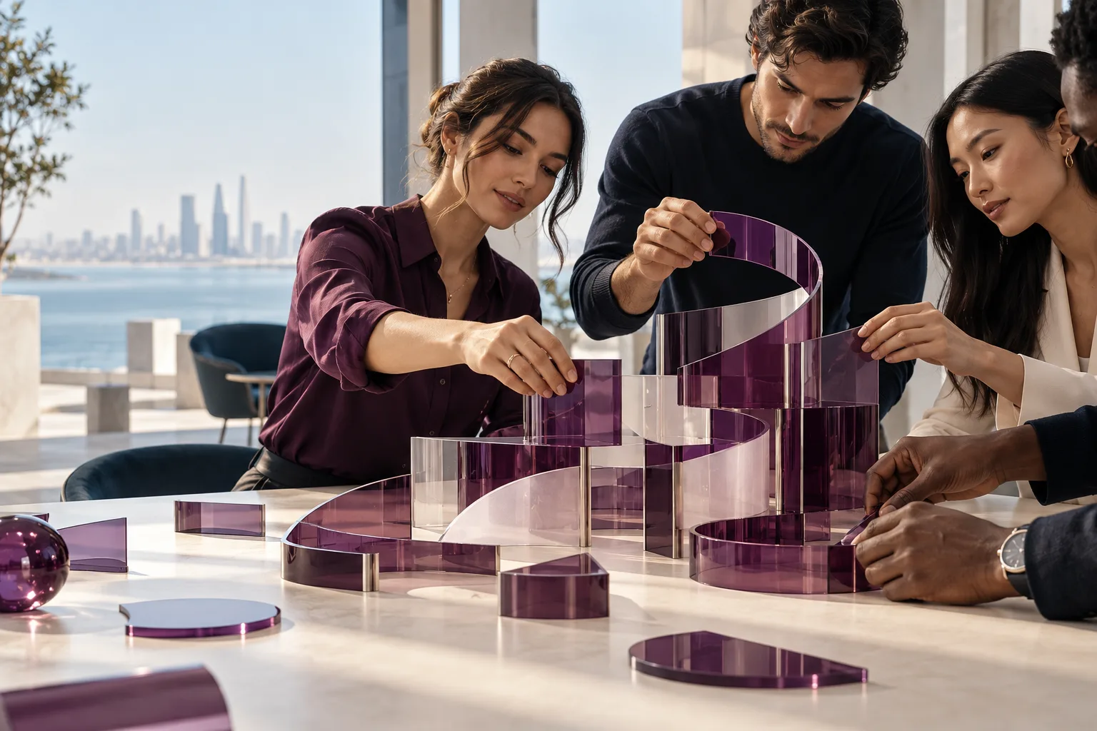 Close-up of diverse hands successfully using an elegant physical modular design tool on an ivory table, translucent plum components unfold naturally into a useful structure, discovery by doing.