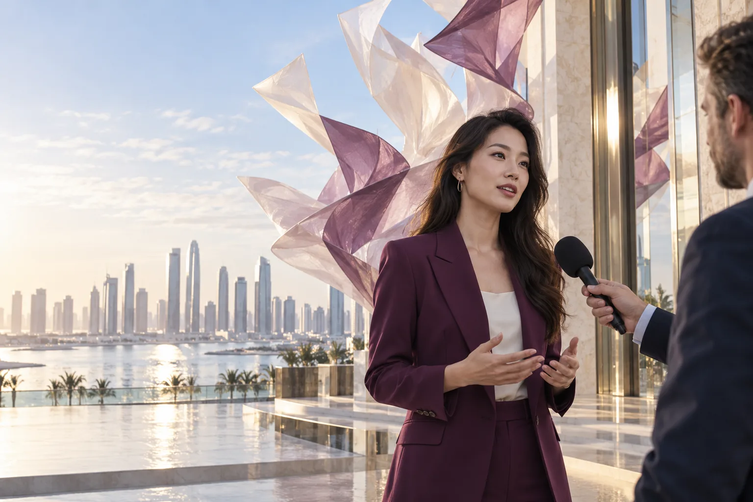 An East Asian female spokesperson in contemporary plum blazer answers a single journalist's handheld microphone at a bright architectural doorway, translucent folded paper forms rise gently into the sky.