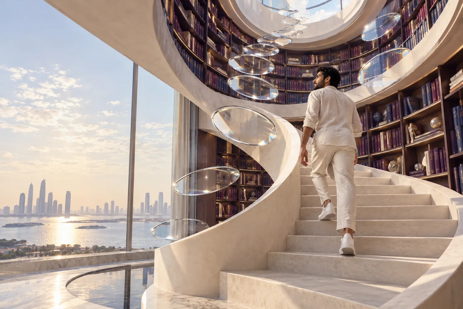 A young Arab man in casual contemporary linen climbs a dramatic ivory spiral library stair toward a shaft of daylight, suspended transparent lenses make an elegant path through information.