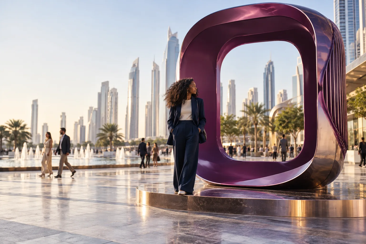 A young Black woman in a navy jacket pauses at a spectacular blank sculptural plum display frame in a bright city square, passing pedestrians soft focus, visually arresting physical campaign moment.
