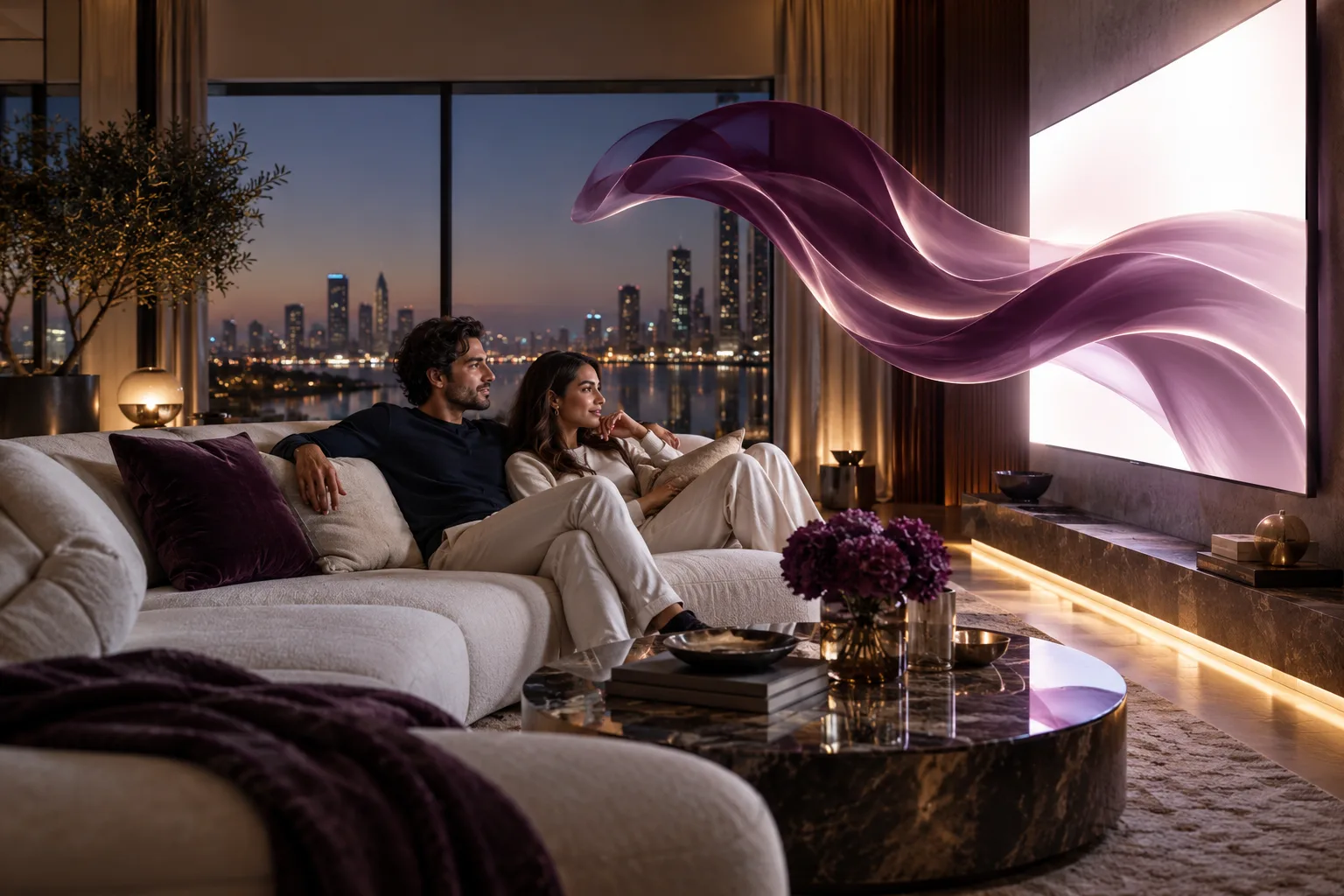 A mixed-ethnicity couple in a beautifully designed living room watch a luminous blank wide screen, an elegant plum cinematic ribbon flows from screen toward the room, intimate evening light.