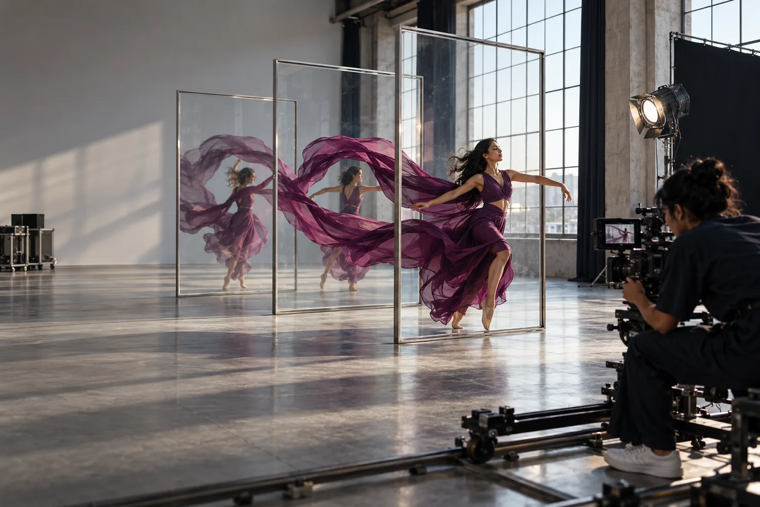 A South Asian female filmmaker frames a dancer moving through three large freestanding glass frames in a daylight industrial film studio, successive silk trails convey cinematic motion.