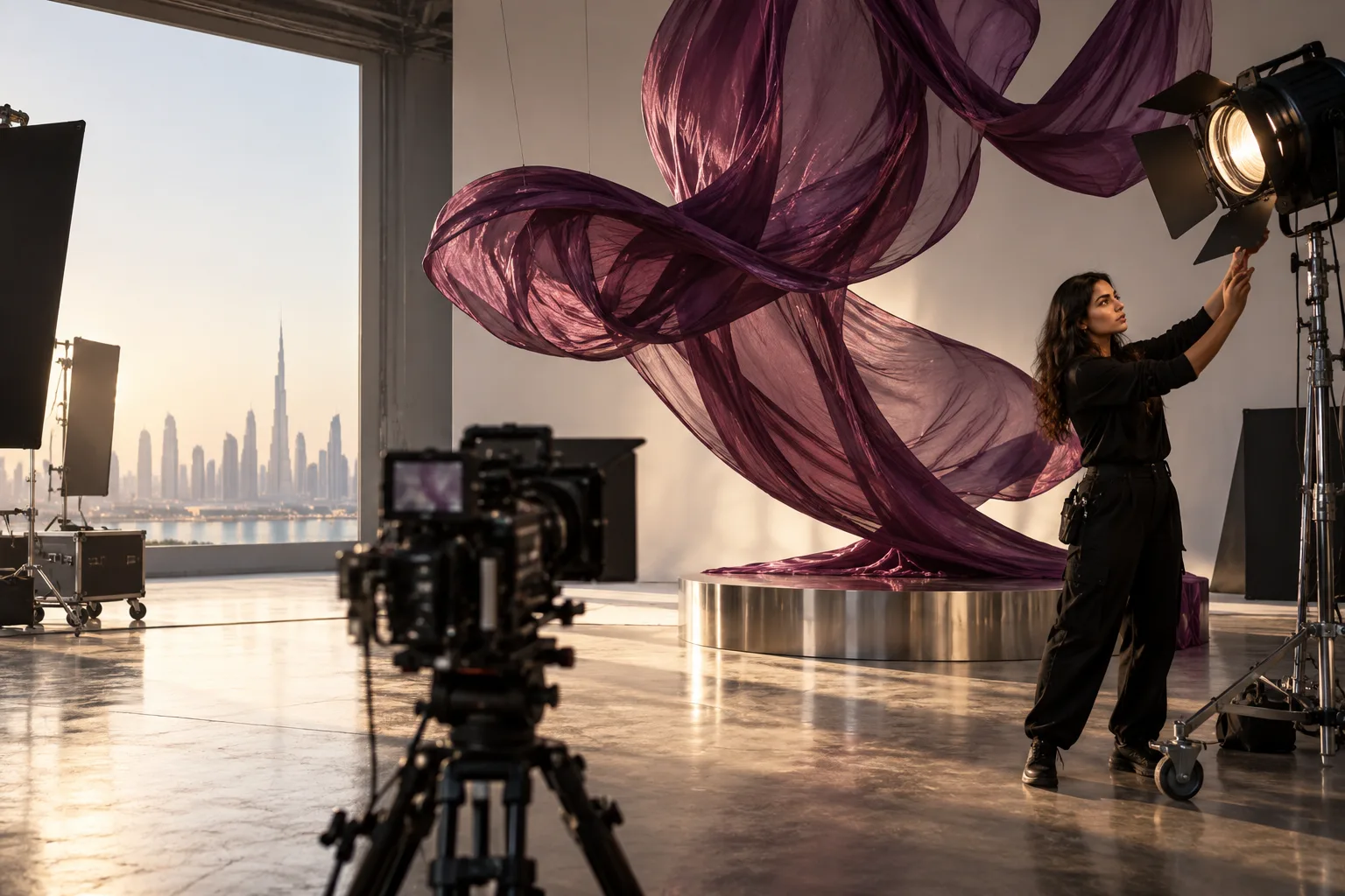 A Middle Eastern woman in casual black clothing adjusts a cinema light toward an elegant suspended plum fabric sculpture in a photographic soundstage, real camera foreground, luminous creative craft.
