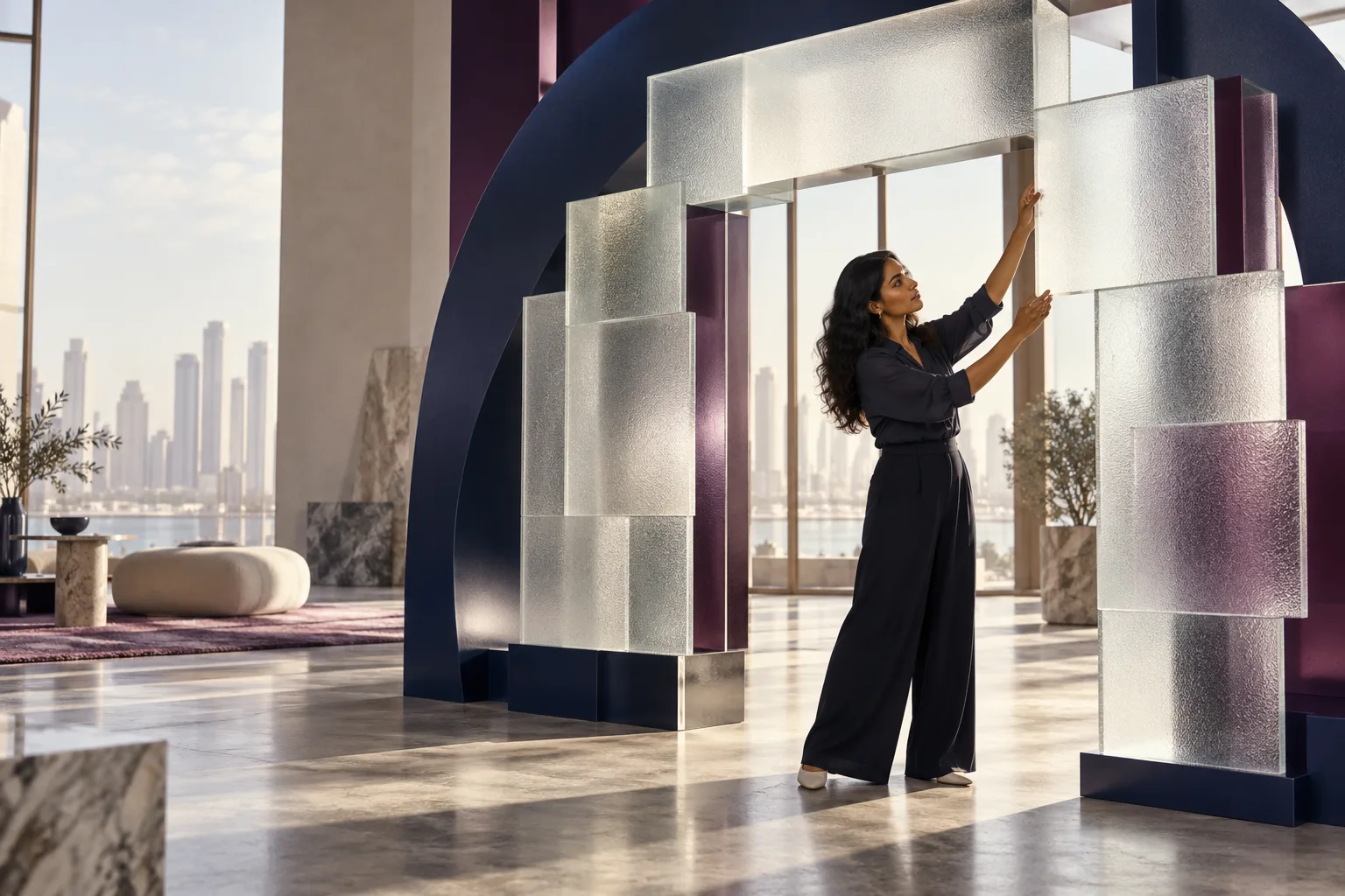 A South Asian female designer arranges tactile frosted glass rectangles into a beautiful human-scale architectural doorway in a sunlit studio, graceful navy support structures, no interface graphics.