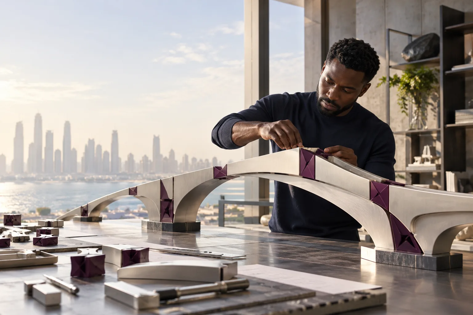 A Black male craftsperson assembles a precise modular brushed-metal bridge by hand in an airy workshop, plum connectors between ivory structural pieces, functional elegant construction.