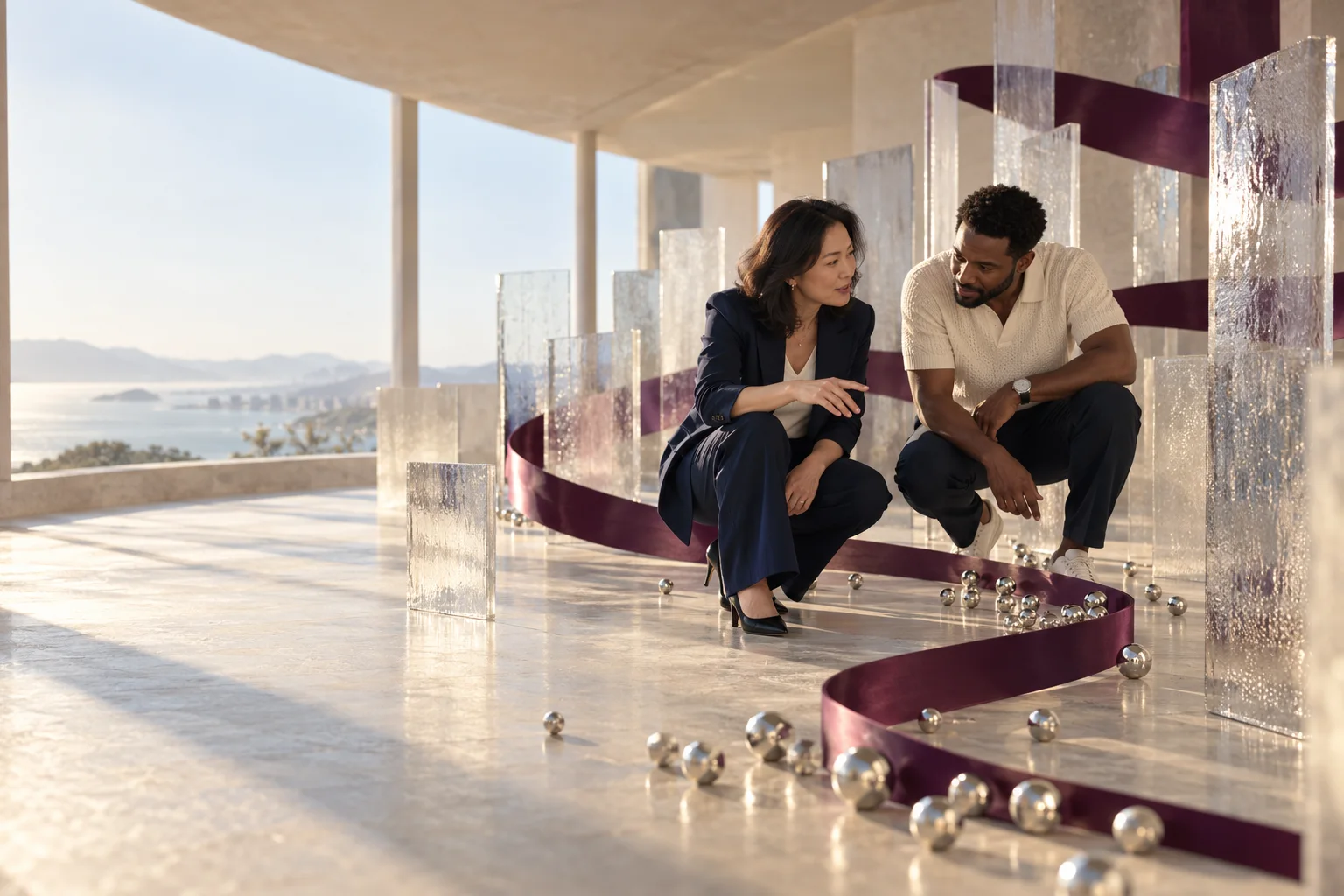 Two researchers examining a path through sculptural glass panels