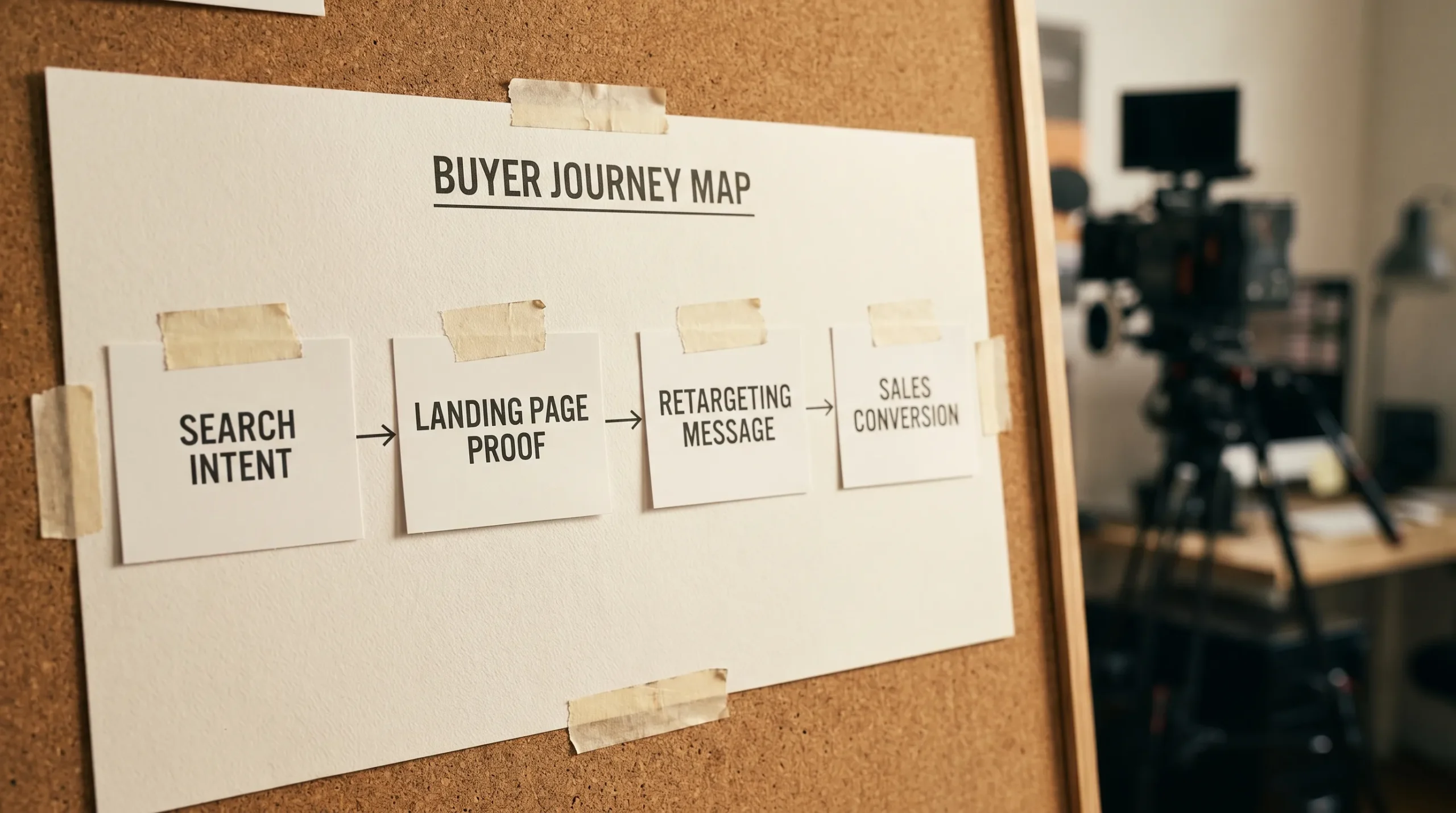 A simple buyer journey map showing four connected stages: search intent, landing page proof, retargeting message, and sales conversion, arranged as a clean horizontal diagram on a blank background.