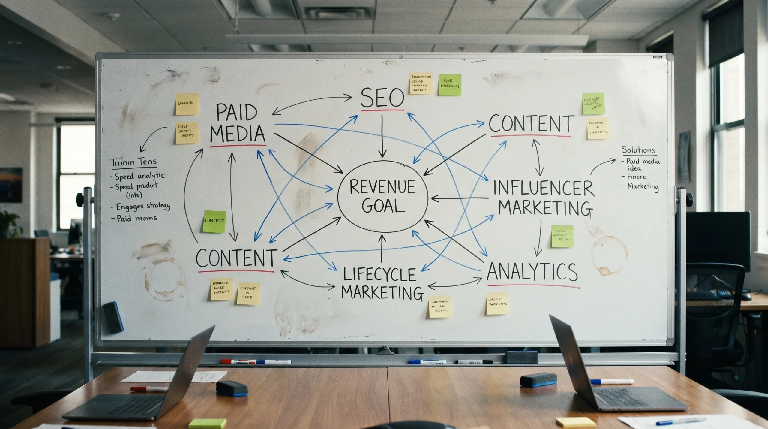 An overhead view of a whiteboard filled with arrows linking paid media, SEO, content, lifecycle marketing, influencer marketing, analytics, and one central revenue goal.