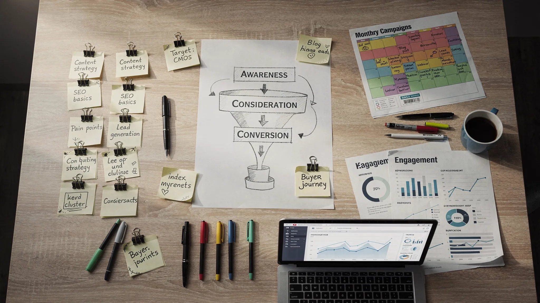 Overhead view of a strategic content marketing workspace with a funnel map, audience notes, keyword-cluster cards, a campaign calendar, and performance metrics spread across a table.