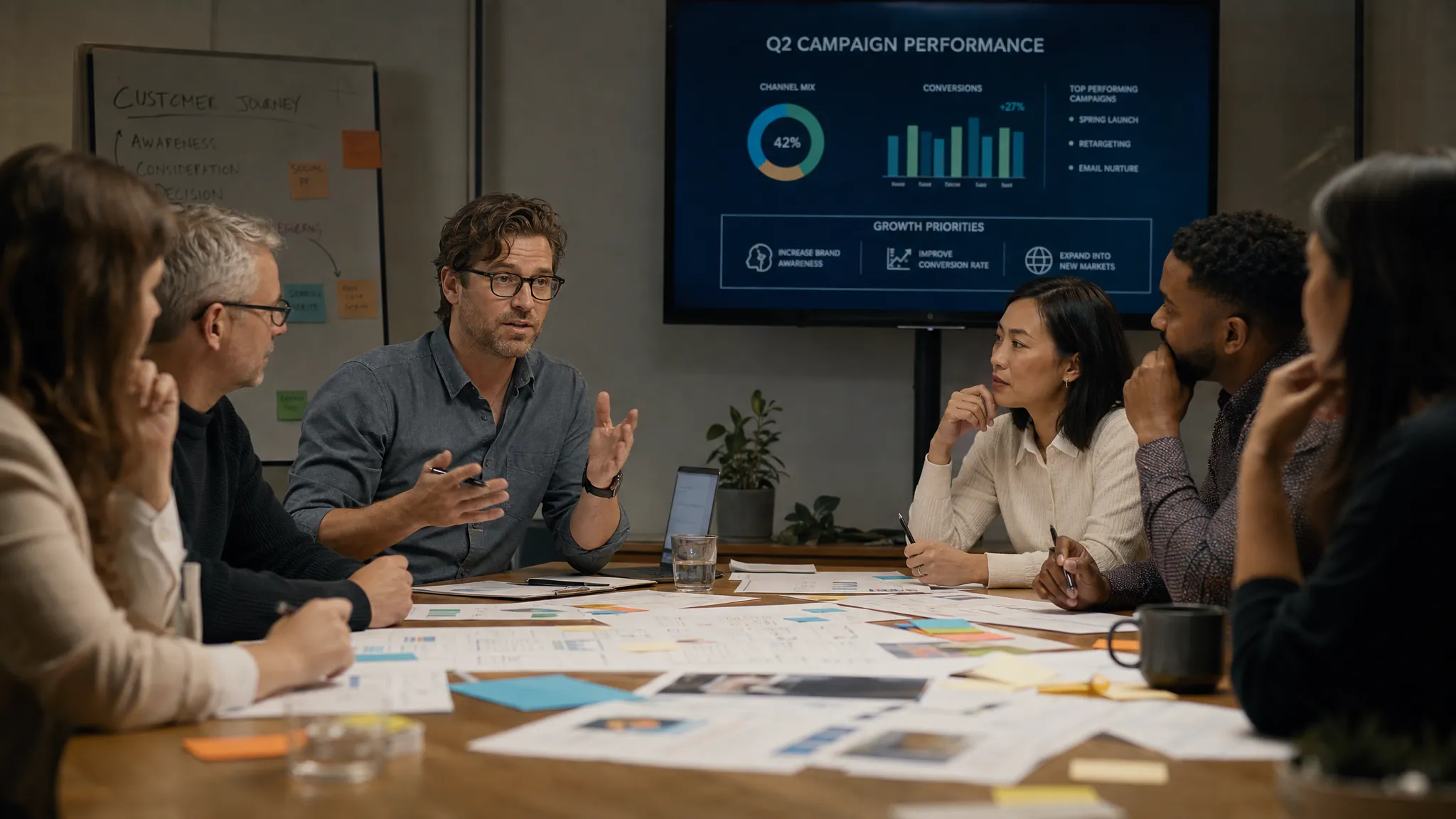 A marketing team and business leaders reviewing customer journey notes, campaign performance charts, and growth priorities around a conference table during an agency selection workshop.